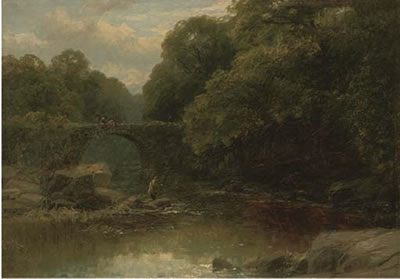 James Burrell Smith : An angler in a rocky river with a bridge beyond