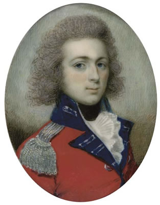 Sampson Towgood Roche : A young officer, in red coat with blue collar and silver-embroidered facings, silver buttons and epaulette, white frilled cravat, black stock, powdered hair