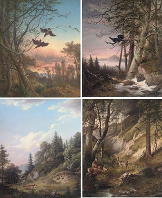 Vinzenz Kreuzer : Woodcock in the forest at dusk; A Capercaillie in the forest at dusk; Deer in the woods; and A fox on the run (set of 4)