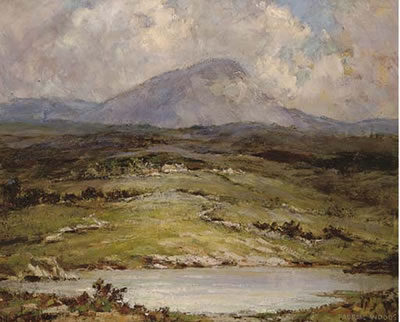 Padraic Woods : Figures by a river, with mountains beyond; River landscape (pair)