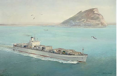 Terence Lionel Storey : The container ship Act 7 in the Mediterranean with Gibraltar off her port beam