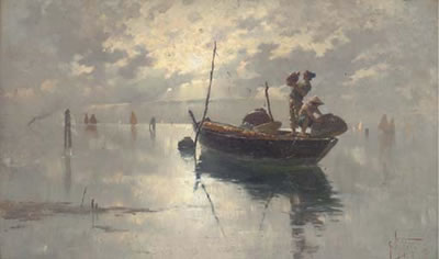 Giuseppe Vizzotto Alberti : Fishermen on the Venetian lagoon, dusk