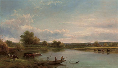 Adam Barland : Figures in a punt, with cattle watering