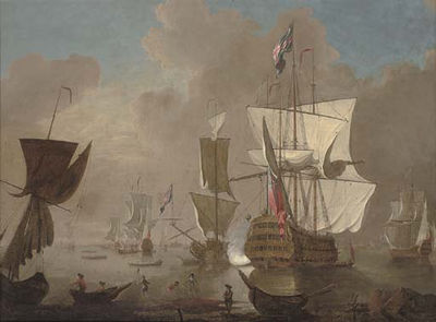 Thomas Leemans : A Flagship Arriving at Her Anchorage in the Nore and Announcing Her Arrival with a Salute