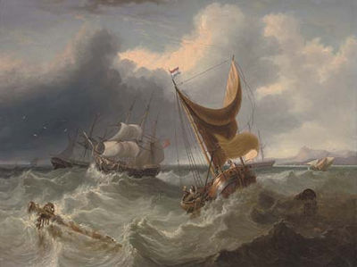 James Duffield Harding : A Crowded Merchantman in the Channel Amidst Other Shipping