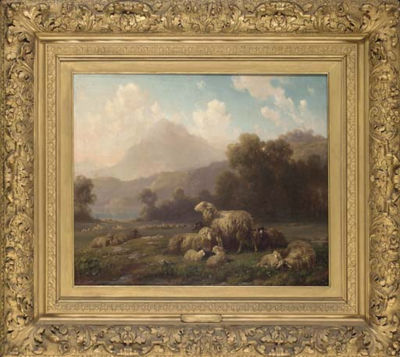 Louis (Ludwig) Reinhardt : Sheep grazing, a mountainous landscape beyond