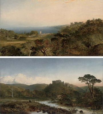 Edmund Johann Niemann : Dunster Castle, Somerset, looking west towards Dunkery Beacon, the river Anvill in the foreground; and Dunster Castle, from Grobfast Hill overlooking Blue Anchor Bay