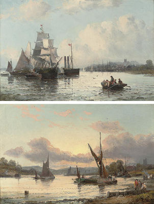 William Anslow Thornley : A paddle steamer and other shipping on a river estuary; and River traffic at dusk