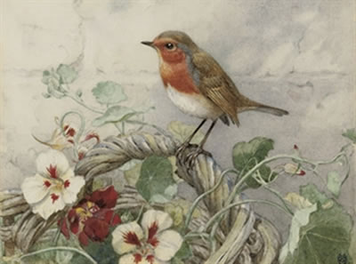 Winifred Marie Louise Austen : A robin perched on a basket of primroses