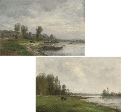 Jules Charles Rozier : Rowing on a river; and Unloading at the riverbank (pair)