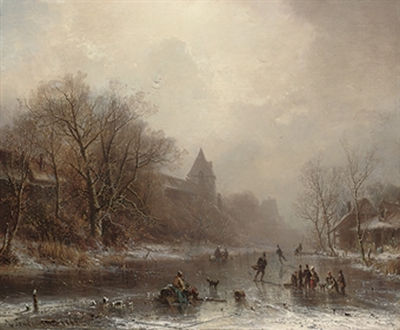 Adolf Stademann : Skaters in a winter landscape