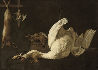 Elias Vonck : A still life of a swan suspended from a hook, a hare, a grey partridge, a pheasant on a barrel and a rabbit and song birds on a stone ledge