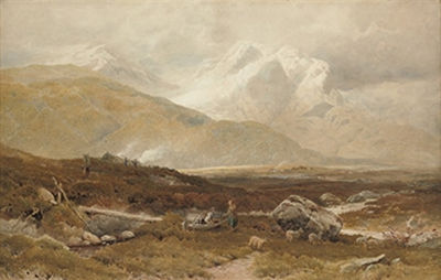 Joseph Reed : Figures and sheep in a highland valley with mountains beyond