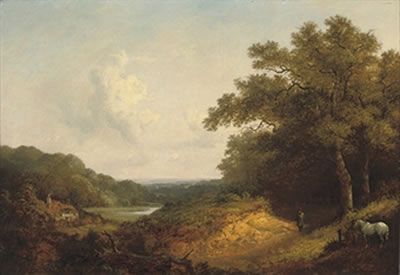 John Dearman : Figure with a pony by a track in an extensive wooded landscape, near Guildford