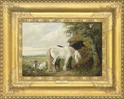 Henry Charles Woollett : Horses and chickens in a farmyard; and Horses and goats in a field (pair)