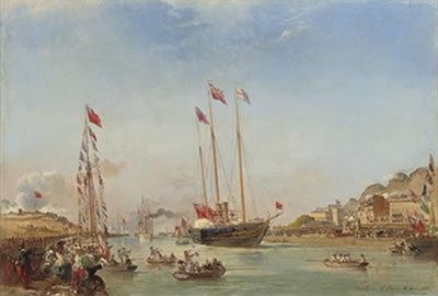 Charles Louis Mozin : The new Royal Yacht Victoria & Albert (II) arriving at Boulogne for Queen Victoria's second State Visit, 18th August 1855