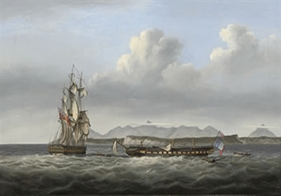 Charles Augustus Mornewick : H.M.S. San Fiorenzo and the defeated French frigate Piémontaise after the action off Ceylon, 6-8th March 1808