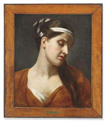 Achille Deveria : Portrait of a young woman, bust-length, in a brown wrap, a white ribbon through her hair