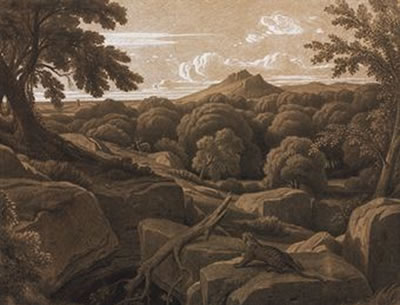 Theodore Caruelle d'Aligny : A jaguar stalking deer in a wooded mountain landscape