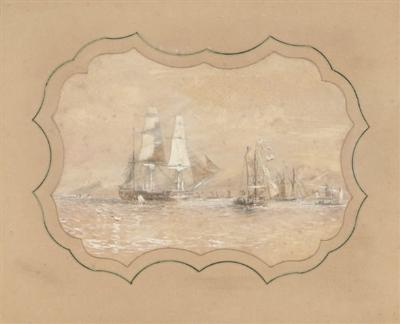 Sir Oswald Walter Brierly : H.M.S. Rattlesnake off an archipelago (illustrated); and H.M.S. Rattlesnake at anchor off an island