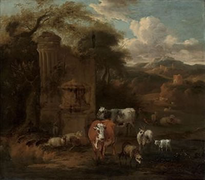 Michiel Carree : An extensive mountainous landscape with a herd of cattle, sheep and goats at water, by classical ruins, a hilltop tower and fortress beyond