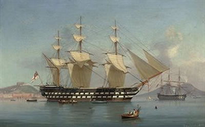 Tommaso De Simone : H.M.S. Neptune funnel down and drying her sails off Naples, with the city's waterfront visible off her stern