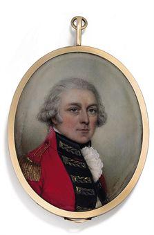 Nathaniel Plimer : An officer, in red army uniform embellished with gold embroidered dark blue facings and gold epaulettes, black stock and frilled white cravat, powdered hair en queue