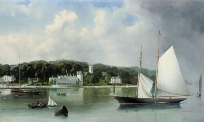 James Haughton Forrest : A two-masted racing schooner settling on the tide off the Royal Yacht Squadron, Cowes