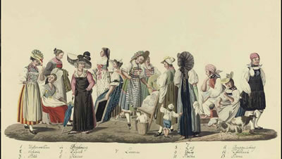 David Alois Schmid : Costumes of the twenty six Cantons of Switzerland each figure inscribed with Canton title, and numbered 1-13