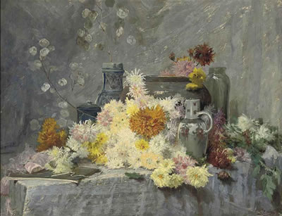 Joseph Mittey : Chrysanthemums and pottery