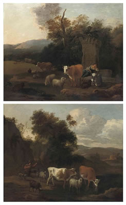 Michiel Carree : A wooded landscape with a drover and her cattle at rest by classical ruins; and A wooded river landscape with a drover and his cattle watering