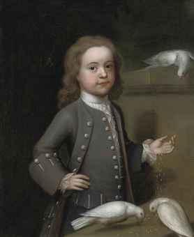 John Theodore Heins : Portrait of Master Harry Spark Patterson (1725-1764), three-quarter-length, in a grey coat, feeding three doves on a ledge