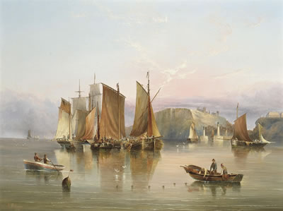 Henry Redmore : Luggers and other commercial traffic in a calm off Whitby