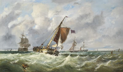 John Callow : Shipping in a stiff breeze in the Channel