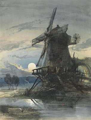 Thomas Leeson Rowbotham : A windmill beside a river, moonlight