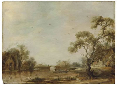 Jacob van der Croos : A river landscape with a village, figures crossing in a ferry by a bridge, a church beyond