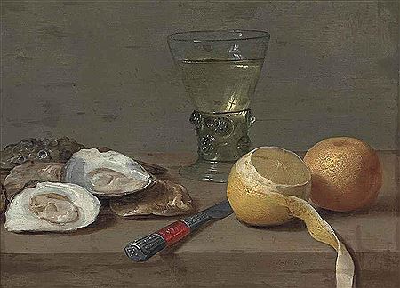 Jacob Fopsen van Es : Oysters, a roemer, a partly peeled lemon, an orange and a knife on a stone ledge