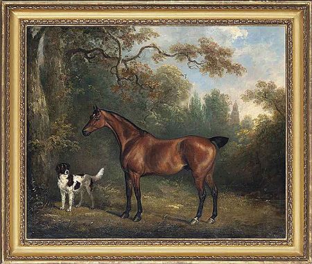 Charles Henry Schwanfelder : A bay horse and a spaniel in a wooded landscape