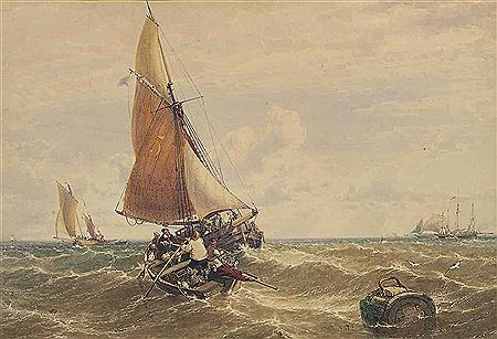 William Roxby Beverley : Fishermen hauling in the catch in a stiff breeze