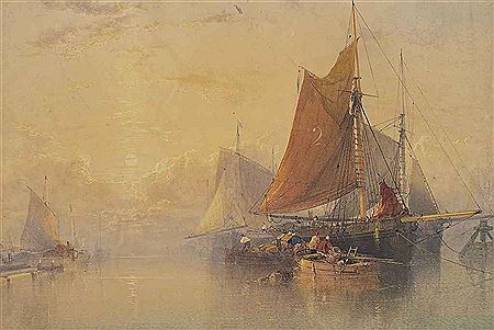 William Roxby Beverley : Unloading the catch at sunset