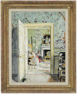 William Bankier Henderson : Nancie Sheffield seated in the Boudoir at Sutton Park York, seen from the Chinese Drawing Room