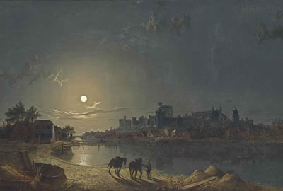 Sebastian Pether : A moonlit view of Windsor Castle, with a traveller and his horses in the foreground