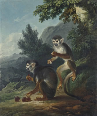 Philippe-Jacques De Loutherbourg : A wooded landscape with two monkeys eating grapes