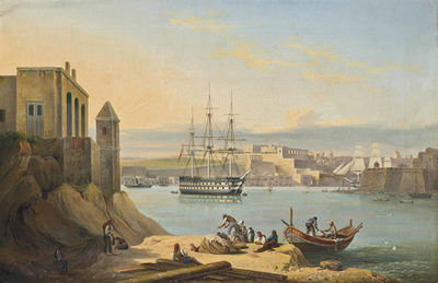 John (Giovanni) Schranz : The flagship, H.M.S. Asia, lying at anchor in the Grand Harbour, Valetta, Malta