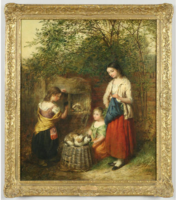 Edward John Cobbett : Depicting a mother and her two daughters feeding the rabbits