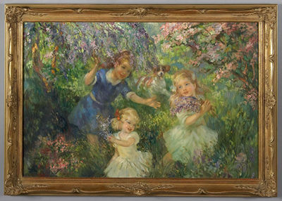 John Frederick Lloyd Strevens : CHILDREN PLAYING AMONG FLOWERS