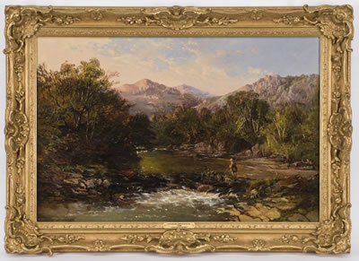 Charles Branwhite : An angler by a river in an alpine landscape