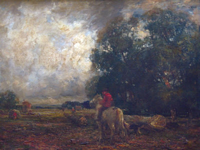 Claude Hayes : Figure on horseback with a dog at his side and figures harvesting beyond