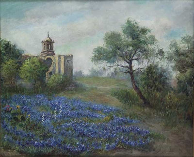 Eloise Polk (EP) McGill : Bluebonnets and Mission San Jose, circa 1925