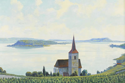 Otto Clenin : Die Kirche von Ligerz mit der St. Petersinsel